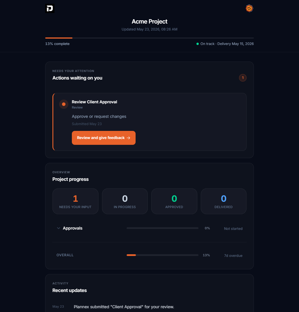 Plannex client portal — Acme project, actions waiting on you, project progress